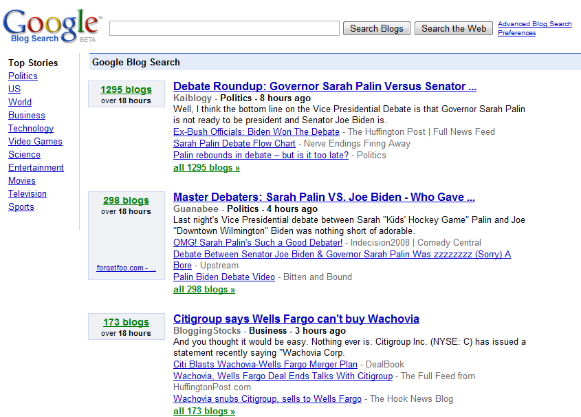 google blogger. New Google Blog Search Layout