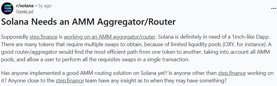 Screenshot of Reddit post: Solana Needs an AMM Aggregator/Router